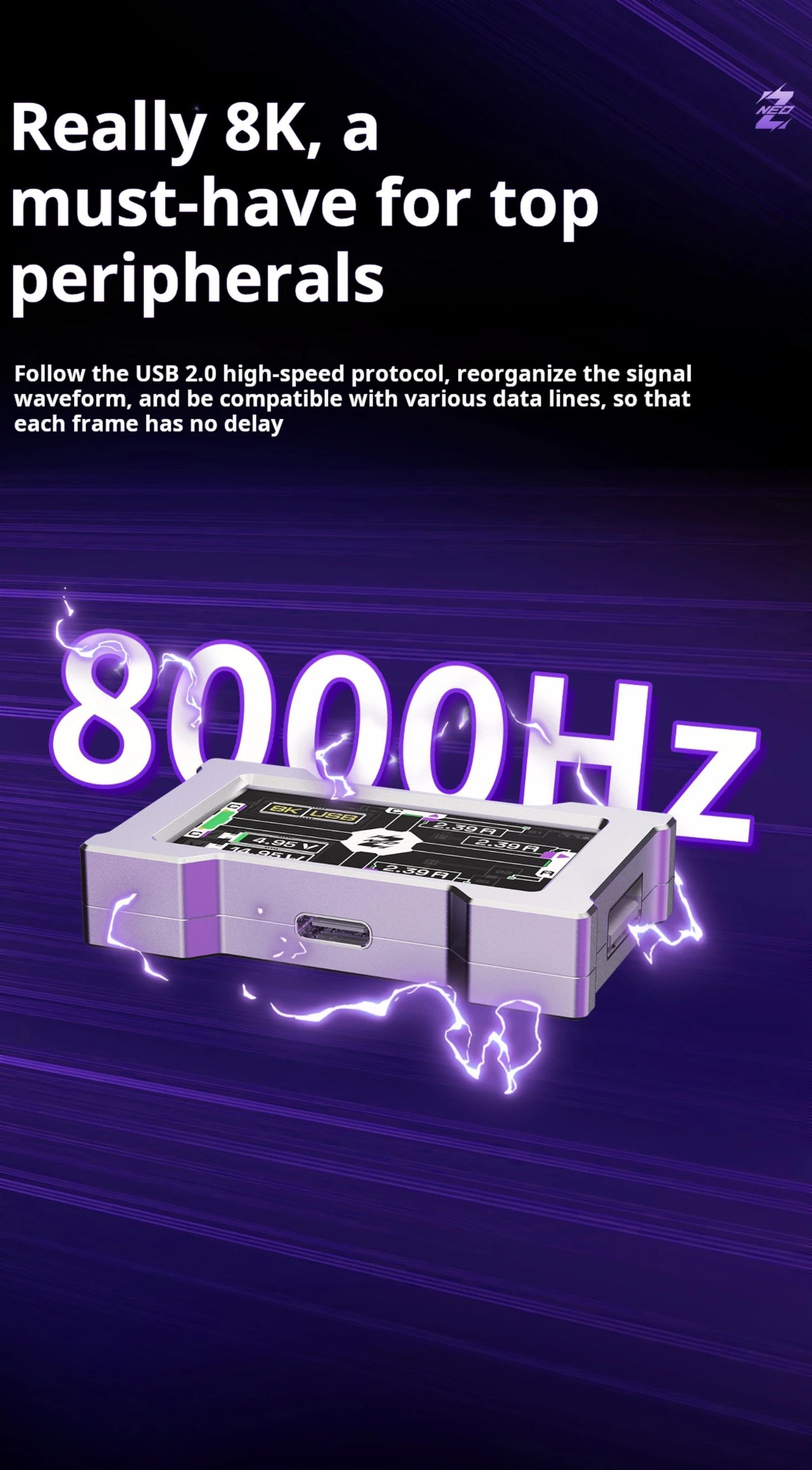 HMLAB ZNEO Gaming USB Hub – 2-to-3 Port with 8K Hz, Independent Power & Screen for Gaming Desk Setup