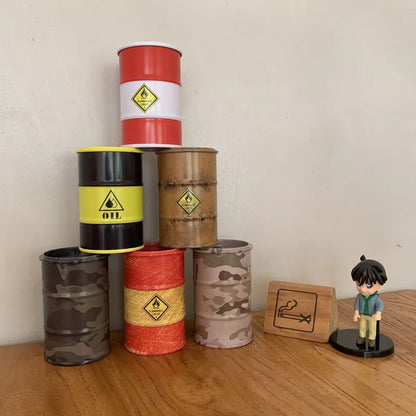 Iron Mini Oil Drum Model – Chemistry Car Desktop Decoration & Storage Box War Games Scene Toy for Boys