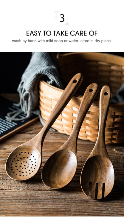 9PCS Teak Wooden Cooking Spoons Set – Kitchen Utensils with Holder