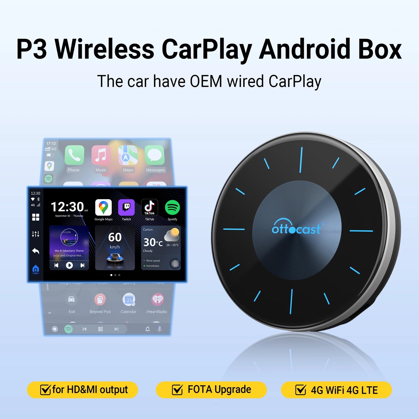 OTTOCAST P3 Android AI Box – Wireless CarPlay & Android Auto with HDMI Output, Built-in GPS, YouTube & Netflix for Car