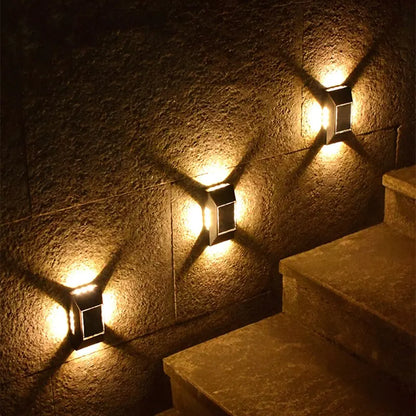 12 LED Solar Wall Lamp – Outdoor Waterproof, Four-Sided Glowing Light for Staircase, Villa, and Balcony Lighting