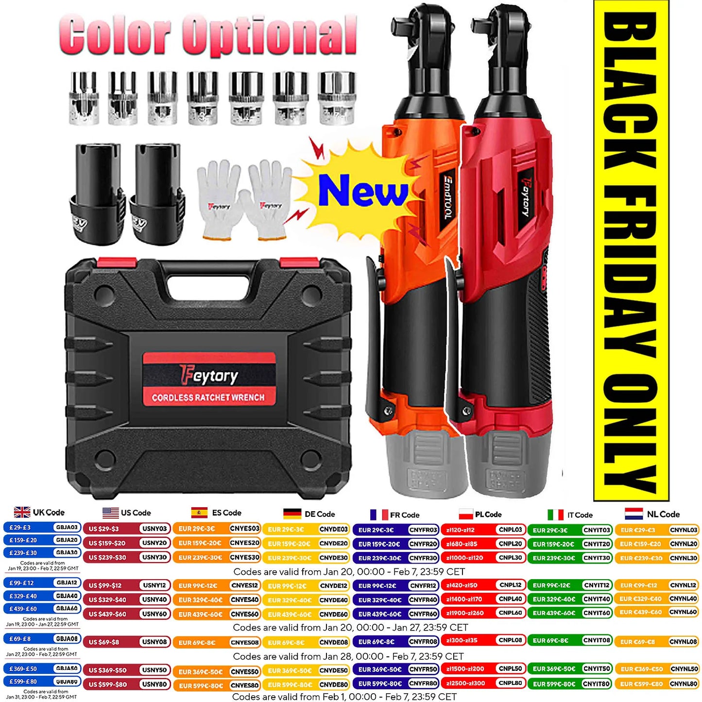 3/8 Inch Cordless Electric Wrench | 90° Right Angle Ratchet with 12V Rechargeable Batteries, 7 Sockets for Car Repair