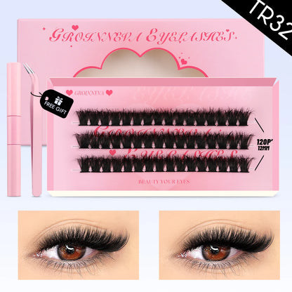 GROINNEYA Eyelash Clusters Kit – DIY Lash Extension with Bond & Seal, Waterproof Strong Hold & Tweezers