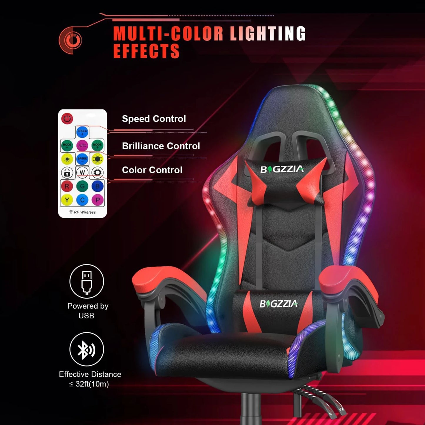RGB Gaming Chair with LED Lights – Ergonomic PU Leather High Back Reclining Office Chair with Headrest