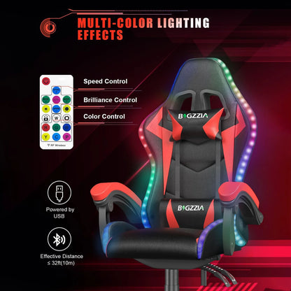 RGB Gaming Chair with LED Lights – Ergonomic PU Leather High Back Reclining Office Chair with Headrest