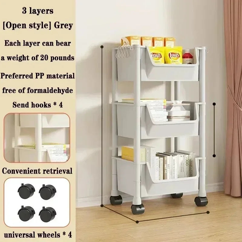 Movable Trolley Bookshelf – Portable Kitchen, Bathroom, and Living Room Storage Cabinet with Corner Narrow Shelf