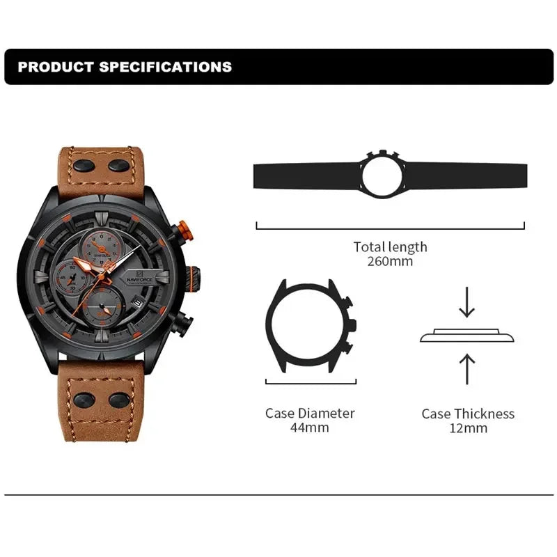 NAVIFORCE Men's Casual Watch – Luxury Waterproof Chronograph Quartz Wristwatch with Genuine Leather Strap