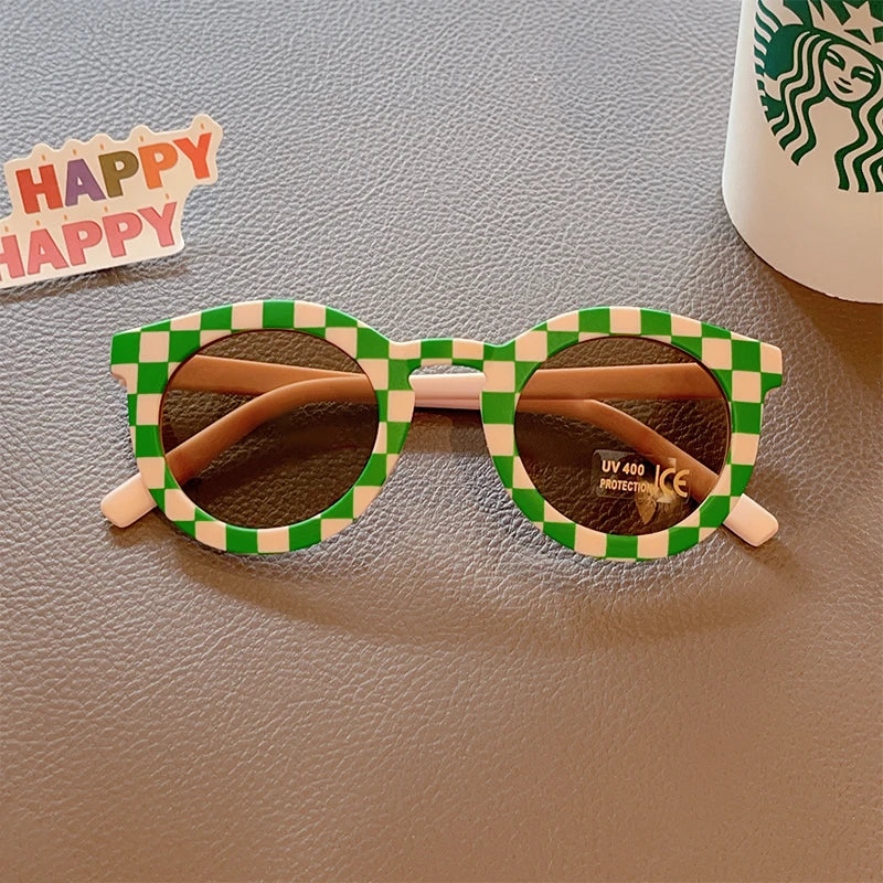 2023 Kids Checker Panel Round Sunglasses – Cute UV400 Sun Protection for Baby Girls & Children Outdoor Wear