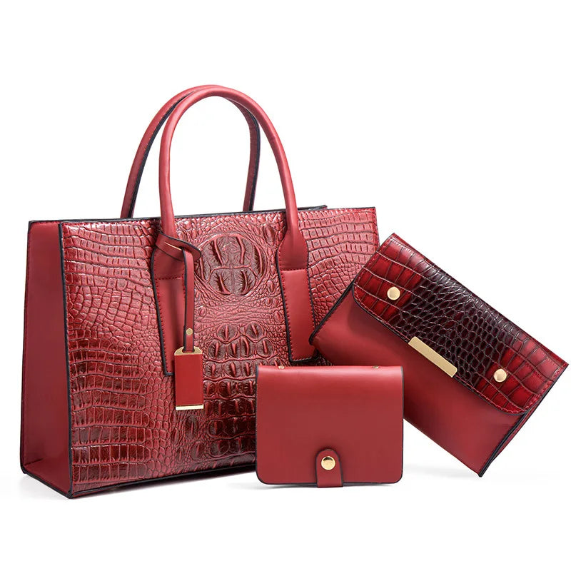New Crocodile Pattern Handbag Set for Women — 3Pcs Tote, Shoulder Bag & Clutch, Large Capacity Fashion Set