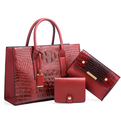 New Crocodile Pattern Handbag Set for Women — 3Pcs Tote, Shoulder Bag & Clutch, Large Capacity Fashion Set