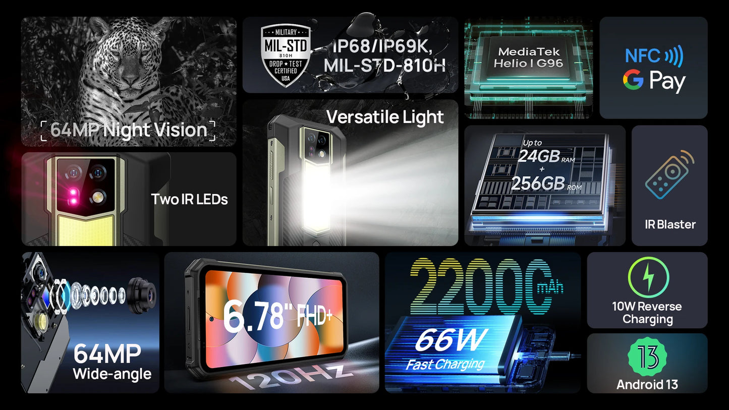 Ulefone Armor 24 Rugged Phone - 22000mAh, 24GB+256GB, 6.78" 120Hz Display, 64MP+64MP Camera, NFC, LED Light, Global Version