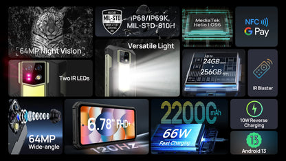 Ulefone Armor 24 Rugged Phone - 22000mAh, 24GB+256GB, 6.78" 120Hz Display, 64MP+64MP Camera, NFC, LED Light, Global Version