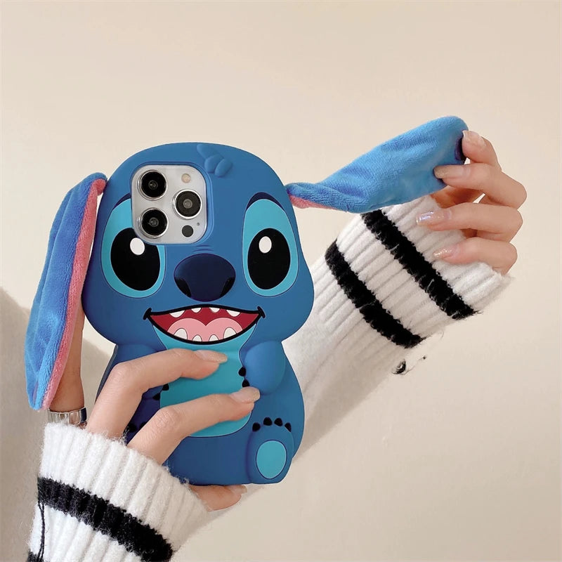 3D Stitch Plush Phone Case — Soft Silicone Cartoon Cover with Ear Strap for iPhone 11-16 Pro Max