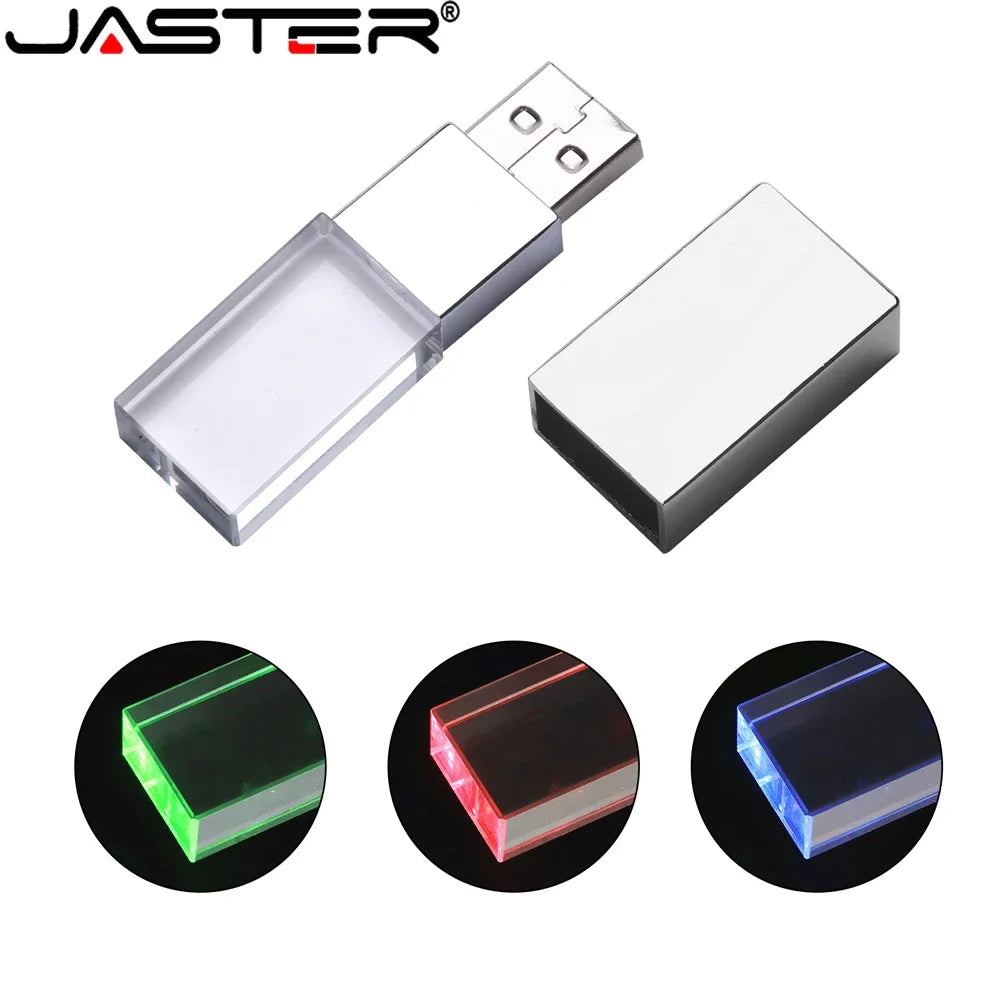JASTER Rectangular Crystal USB Flash Drive - 16GB/32GB/64GB USB 2.0, Blue Green Red LED, Creative Colors, Free Logo on Bulk Orders (10+ PCS)