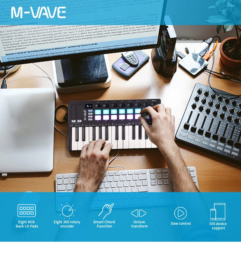 M-VAVE SMK-Ⅱ 25-Key MIDI Keyboard Controller – Bluetooth, 16 RGB Drum Pads, Semi-Weighted Dynamic Keybed