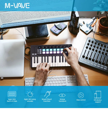 M-VAVE SMK-Ⅱ 25-Key MIDI Keyboard Controller – Bluetooth, 16 RGB Drum Pads, Semi-Weighted Dynamic Keybed