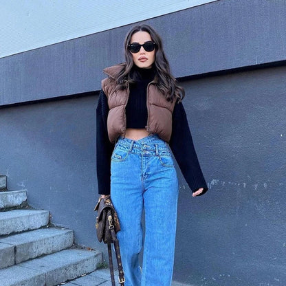 Autumn Winter Women's Short Cotton Down Vest – Warm Quilted Sleeveless Jacket with Stand-Up Collar for Outdoor Travel