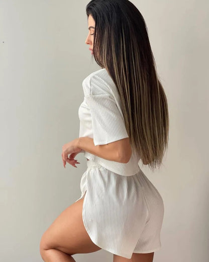 Women's Two-Piece Pajamas Set – Comfortable Sexy Short Sleeve Top and Shorts Homewear