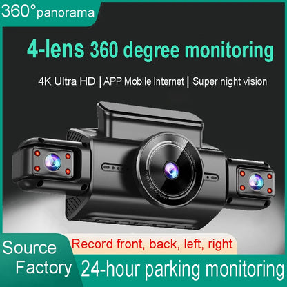 4 Channel Hidden Tachograph 4K Ultra HD Mini Dash Cam – Four Cameras with Rear View DVR, 24H Parking Monitor, BlackBox Video Recorder