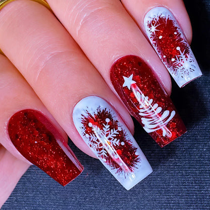 Medium Long Christmas Fake Nails – Square & Almond Tips with Tree, Snowflake & Snowman Designs