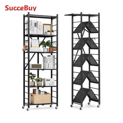 SucceBuy 3-6 Tier Black Foldable Storage Shelf — Wheeled Metal Rack Organizer for Kitchen & Garage