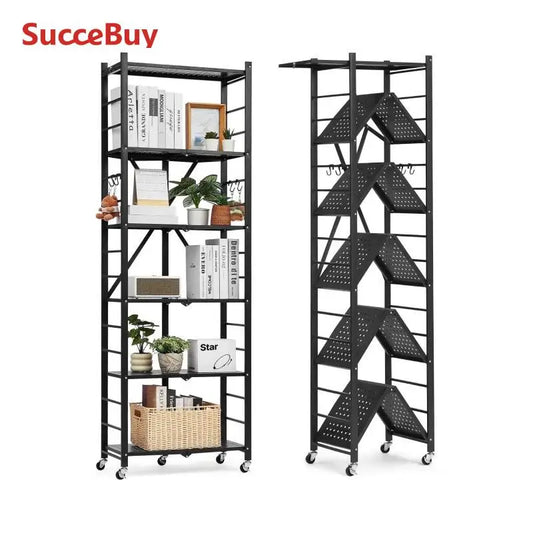 SucceBuy 3-6 Tier Black Foldable Storage Rack — Wheeled Metal Shelving Organizer for Garage & Kitchen