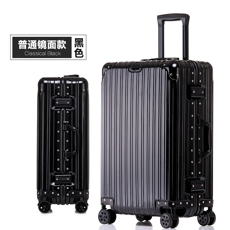 Aluminum Metal Luggage Carry-On Travel Bags - 20/22/28/30 Inch Trolley Suitcase with Cabin Size and Password Lock
