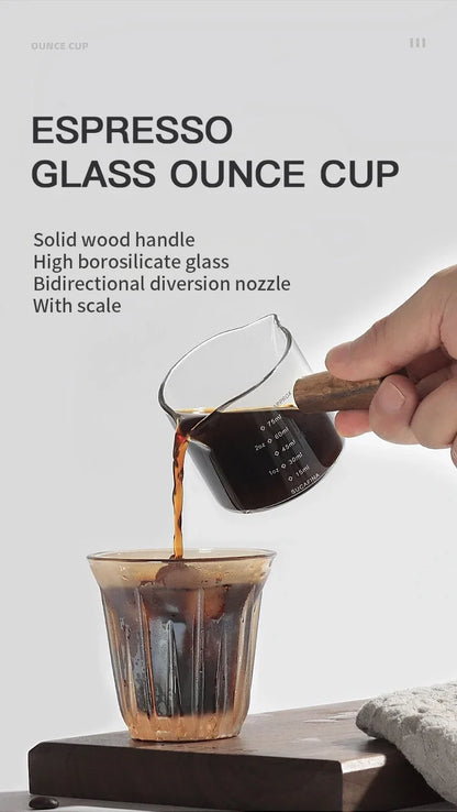 75ML Glass Coffee Measuring Cup with Wooden Handle — Espresso, Milk & Latte Transparent Cup with Scale, Kitchen Coffee Barista Tool