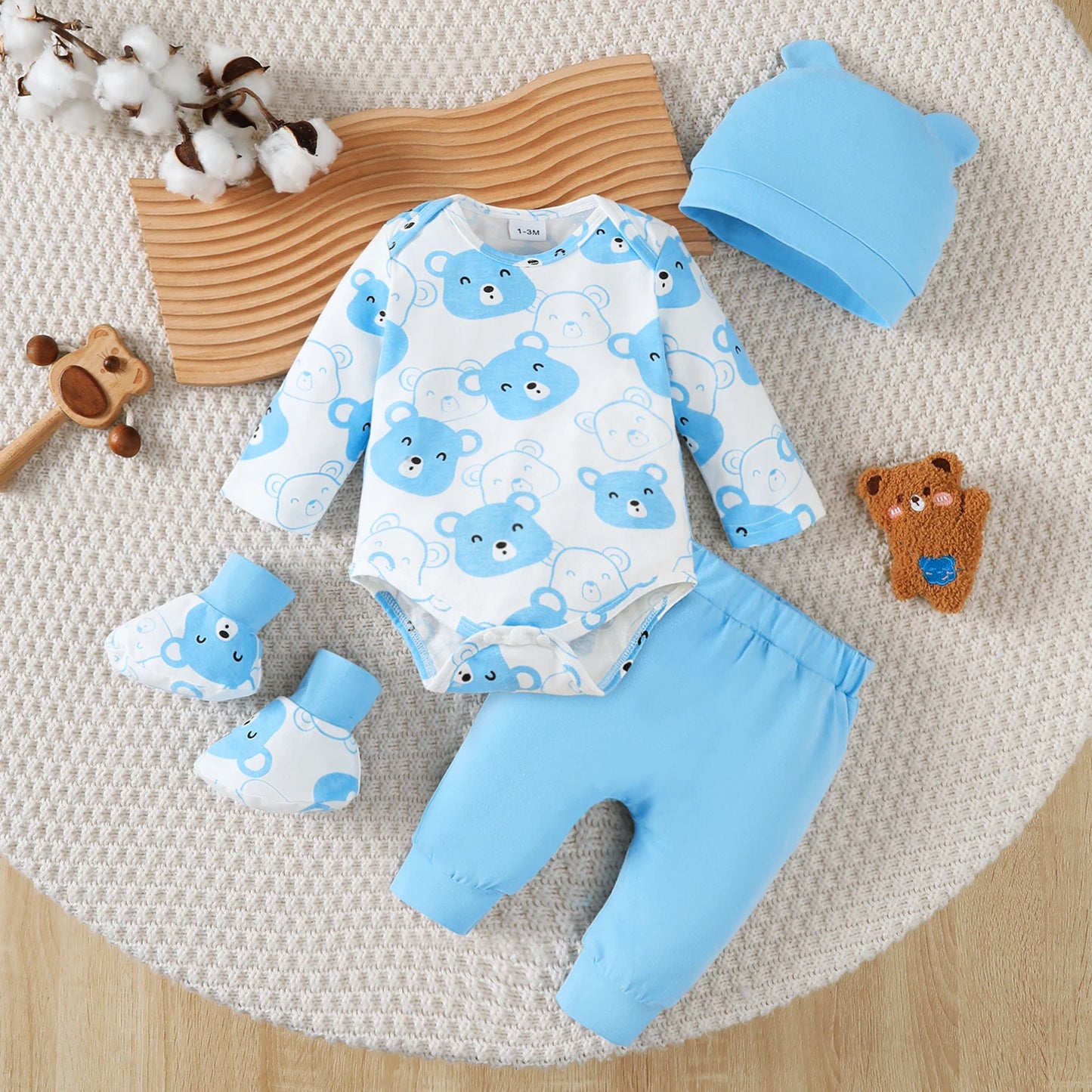 0-9 Months Baby Boy Set – Little Bear Long Sleeve Bodysuit, Pants, Hat & Socks for Spring & Autumn Newborns