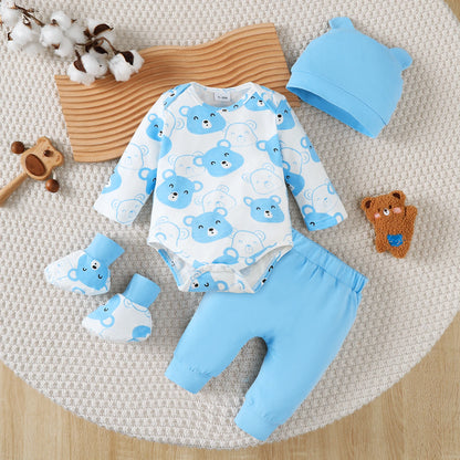 0-9 Months Baby Boy Set – Little Bear Long Sleeve Bodysuit, Pants, Hat & Socks for Spring & Autumn Newborns