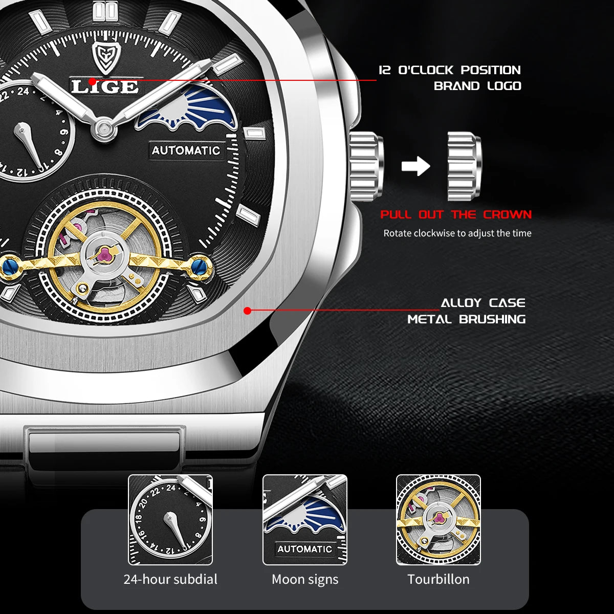 LIGE Dual Seconds Tourbillon Watch – Men's Stainless Steel Mechanical Timepiece, 24H, Night Glow, Waterproof