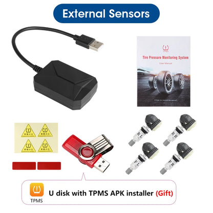 JMCQ USB Android TPMS Tire Pressure Monitoring System – 5 Internal/External Sensors with Display & Alarm for Car Navigation Radio