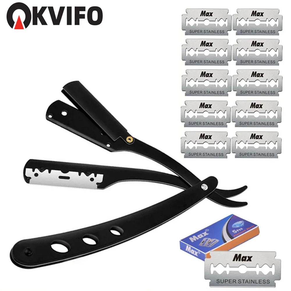 1 Holder + 10/20 Blades Straight Folding Shaver — Men's Manual Razor with Sharp Barber Blade