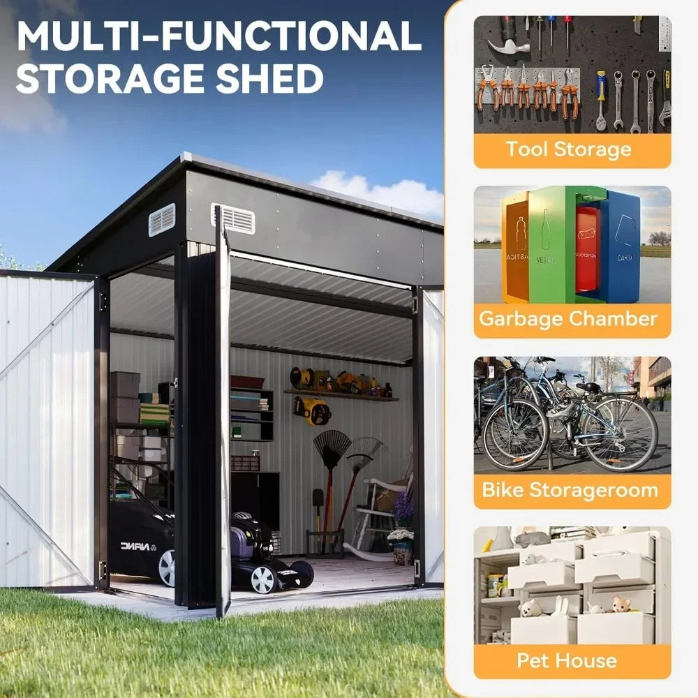 11.5'x7.5' Outdoor Metal Storage Shed – Triple Lockable Door with Sloping Roof for Tools & Bicycles