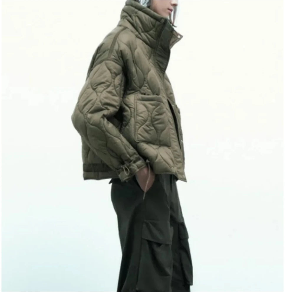 2024 ETJ Quilted Women's Coat – Beige Drawstring High Neck Jacket with Ties & Pockets