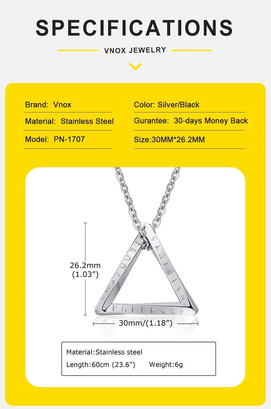 Vnox Norse Viking Pendant Necklace – Twisted Stainless Steel Mobius Triangle, Vegvisir & Valknut Geometric Charm