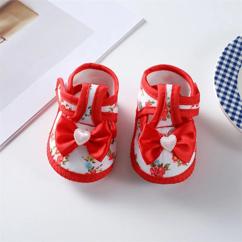 0-18 Months Baby Girls Soft Sole Shoes – Bowknot Flower Print, Non-Slip First Walkers for Indoor & Outdoor