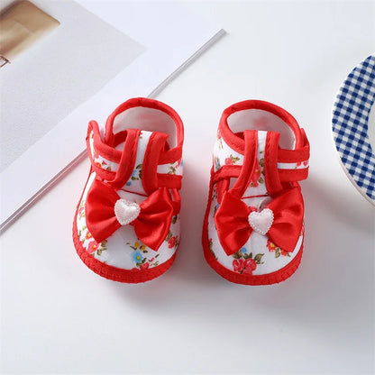 0-18 Months Baby Girls Soft Sole Shoes – Bowknot Flower Print, Non-Slip First Walkers for Indoor & Outdoor