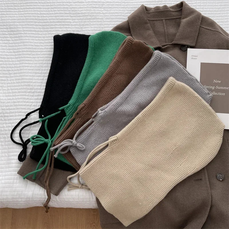 Winter Knitted Hooded Balaclava Hats for Women – Korean Style Outdoor Warmer Beanie with Drawstring Neck Collar