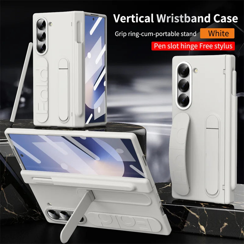 Wristband Hinge Phone Case for Samsung Galaxy Z Fold 3-7 – With Pen Slot & S Pen, Screen Protector Cover