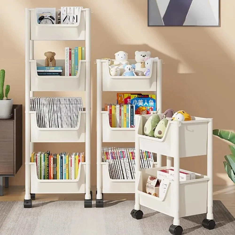 Portable Trolley Bookshelf - Creative Kitchen Storage Rack - Living Room Mobile Display Cabinet - Corner Movable Bookshelf with Wheels