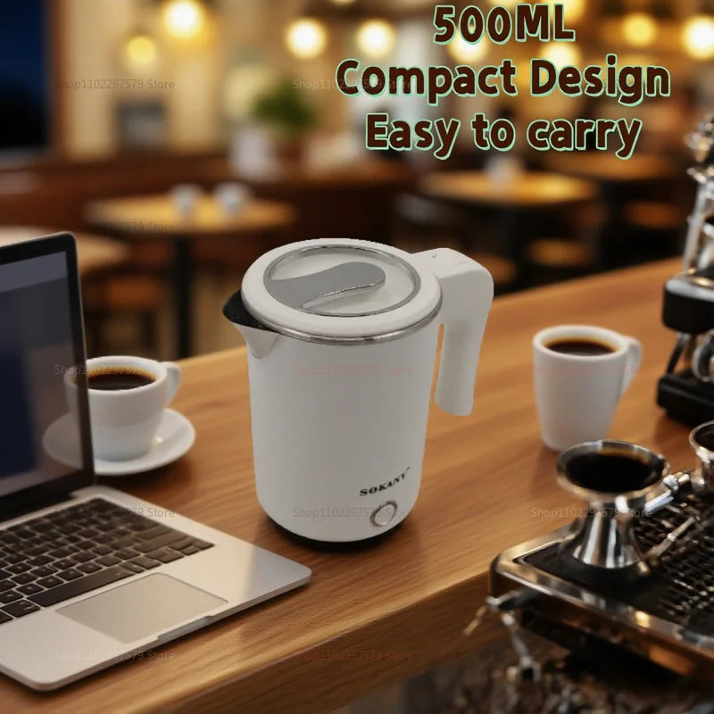 500ML Stainless Steel Portable Electric Kettle — Travel Water Boiler Pot for Hotel, Home, Kitchen, Tea, and Coffee