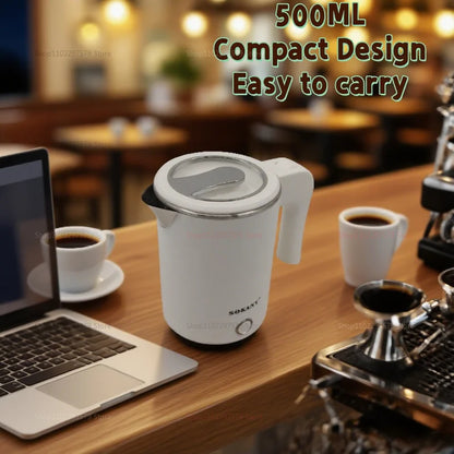 500ML Stainless Steel Portable Electric Kettle — Travel Water Boiler Pot for Hotel, Home, Kitchen, Tea, and Coffee