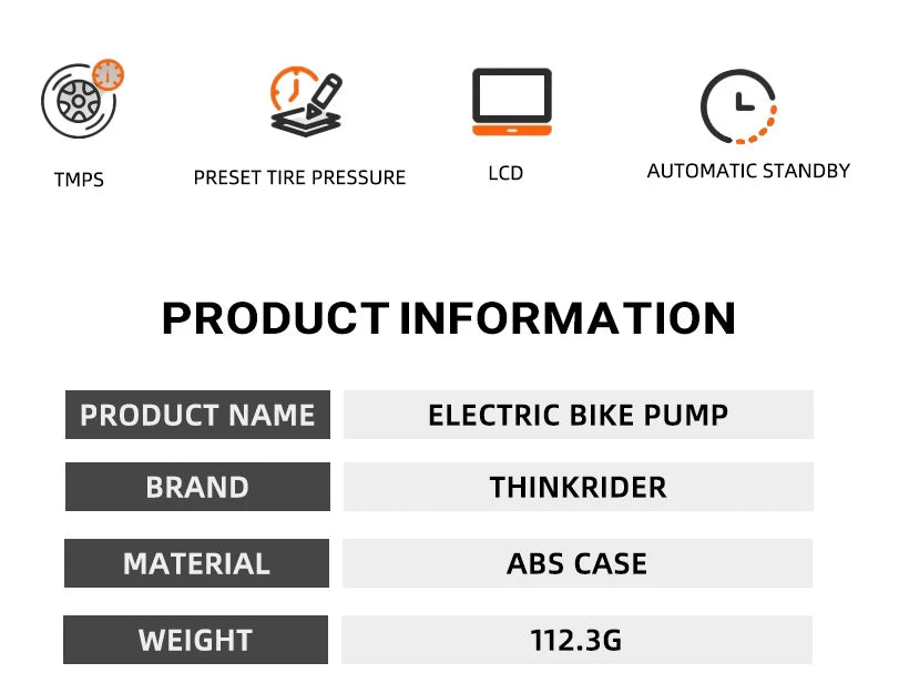 ThinkRider 120 PSI Mini Electric Bike Pump – Portable Tire Inflator with Digital Gauge Display