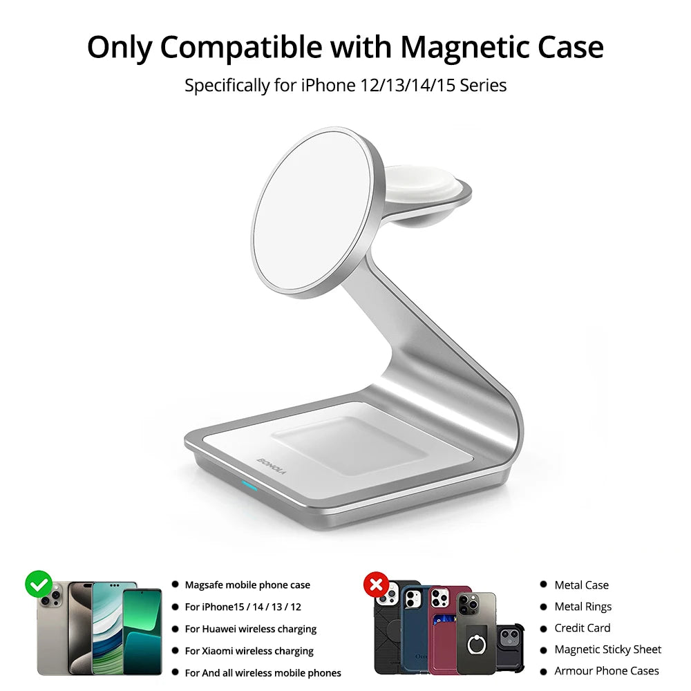 Bonola Magnetic 3-in-1 Wireless Charger - 30W Charging Station for iPhone 15/14/13/12 Pro Max, Apple Watch, AirPods Pro