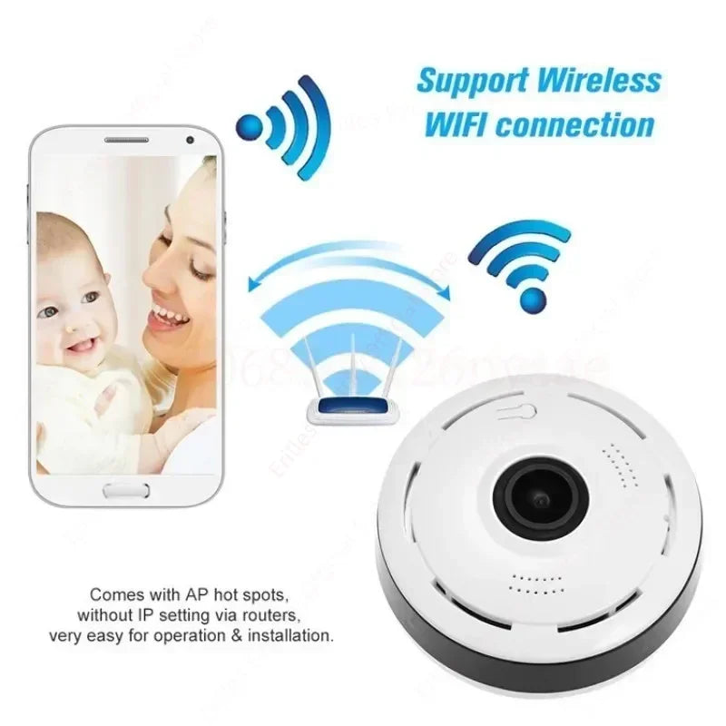 Small WiFi 360° Panoramic Surveillance Camera – 2MP IP Camcorder with Two-Way Audio for Home Security