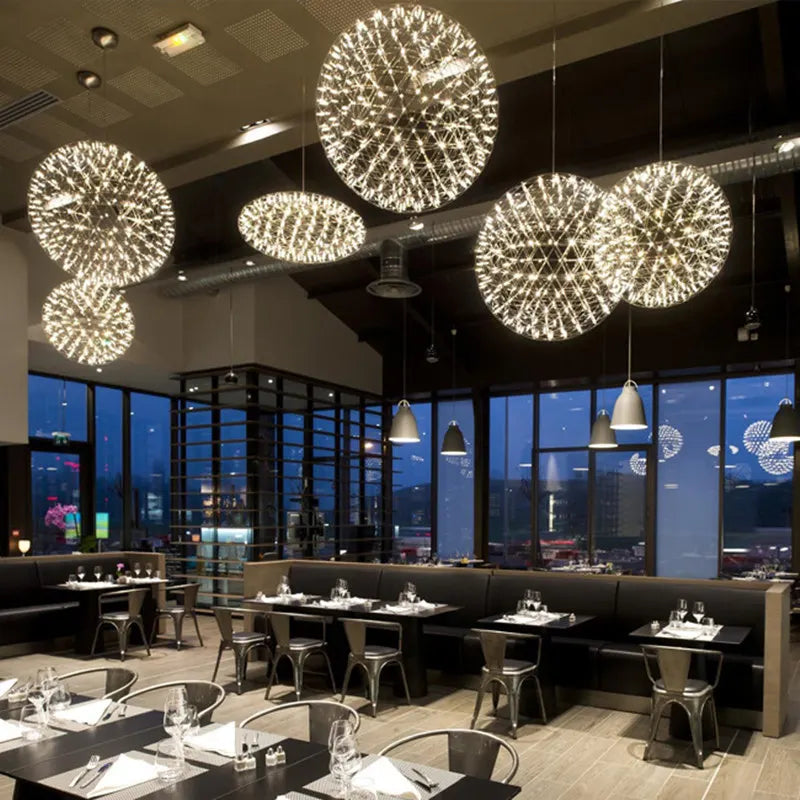 Italy Designer Spark Ball LED Chandelier – Stainless Steel Firework Pendant Lamp with Remote for Loft Living Room Decor