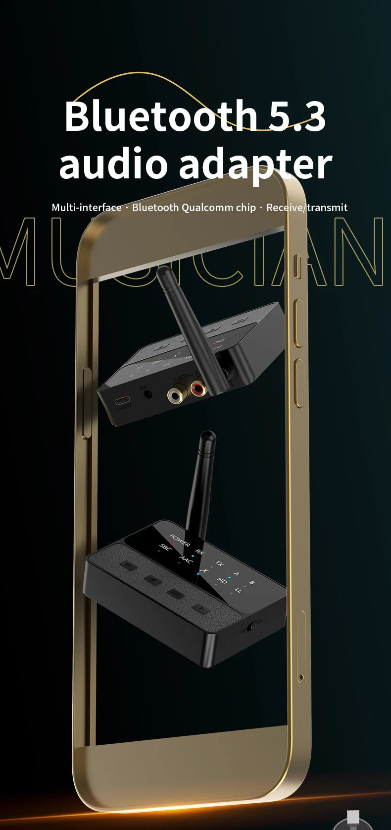 VAORLO Qualcomm Bluetooth 5.3 Receiver & Transmitter | aptX HD/LL Low Latency, 3.5mm AUX, RCA Wireless Audio Adapter for PC & TV