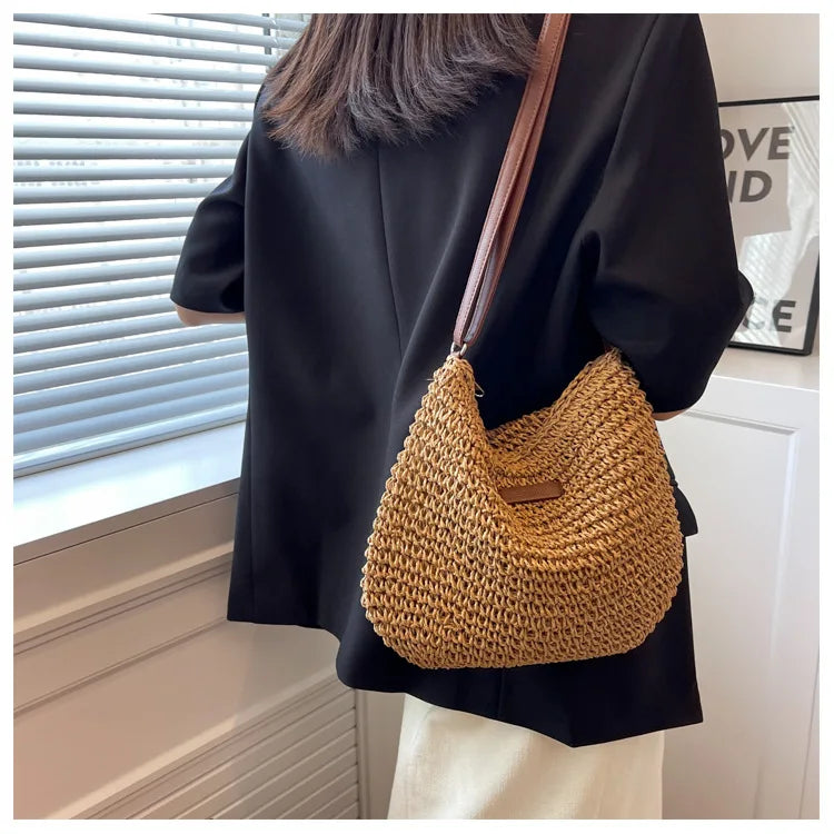 Straw Knitted Handbag – Women’s Woven Shoulder & Crossbody Beach Bag