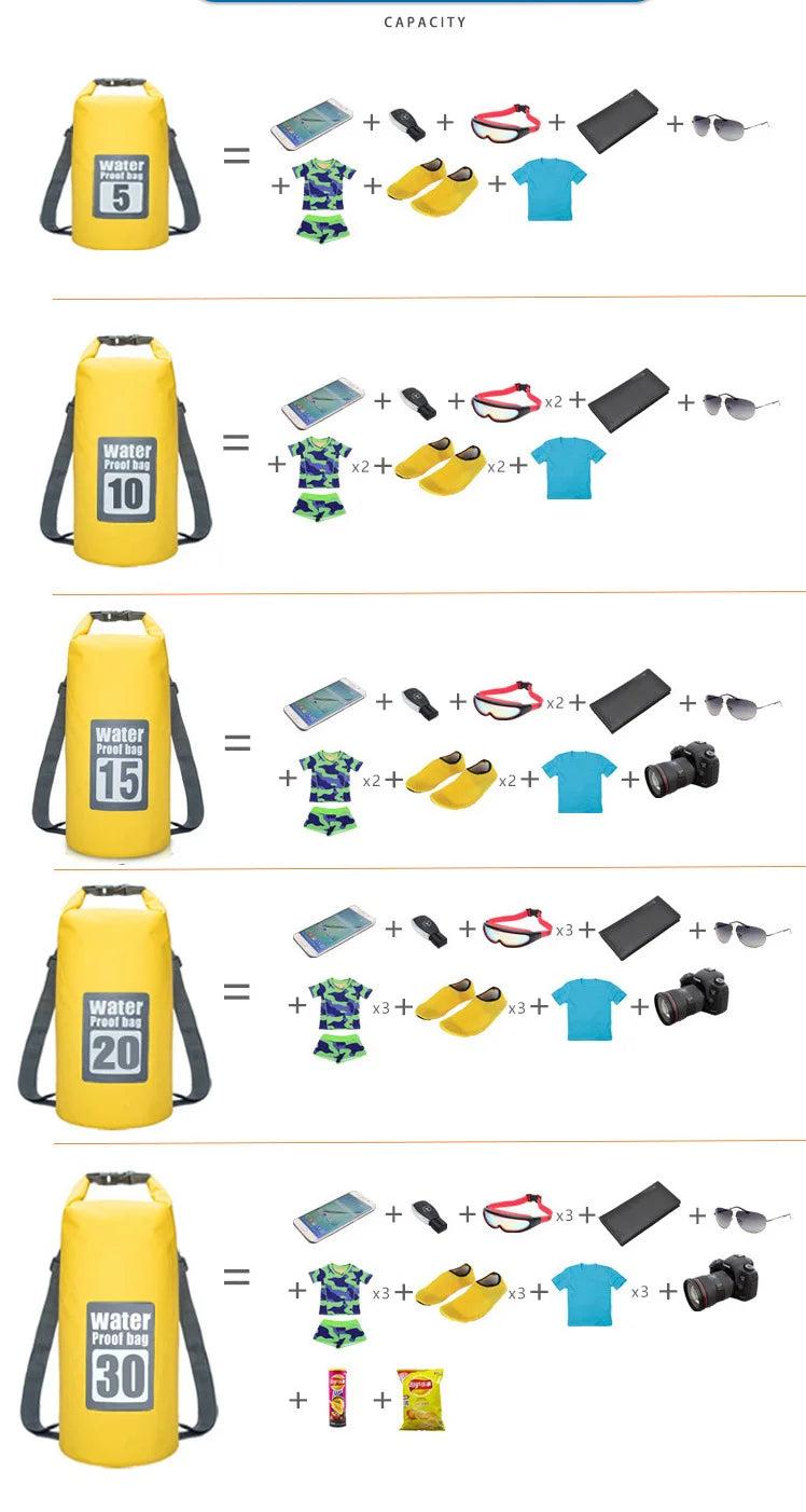 Outdoor PVC Waterproof Dry Bag – 5L/10L/15L/20L/30L Storage Sack for Canoe, Kayak, Rafting, Swimming & Travel